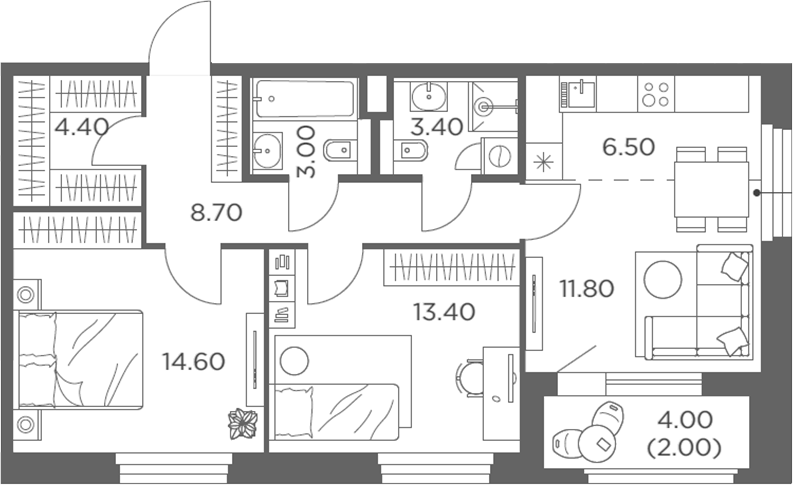 3-комн., 65.8 м², 20/20 этаж, ЖК «Белый Град»