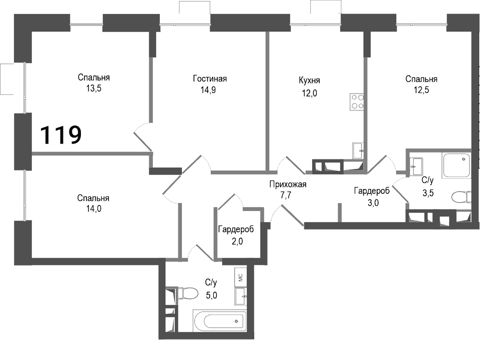 4+ комнаты, 88.1 м², 1/8 этаж, ЖК «Киноквартал»