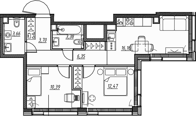 3-комн., 56.3 м², 20/22 этаж, ЖК «Веер»