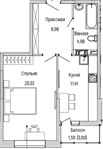 1-комн., 45.6 м², 5/9 этаж, ЖК «Рига Хиллс»