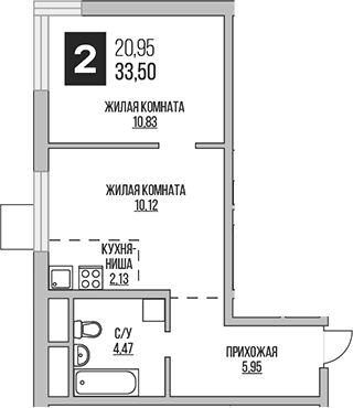 2-комн., 33.5 м², 11/14 этаж, ЖК «Гранель Аникеевский»