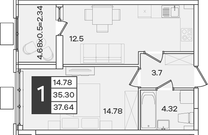 Продается 1-комн. квартира, 35.3 м²