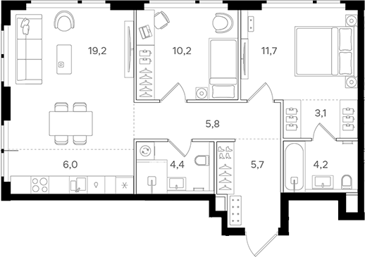 3-комн., 70.3 м², 16/31 этаж, ЖК «НАЗАРЕ»
