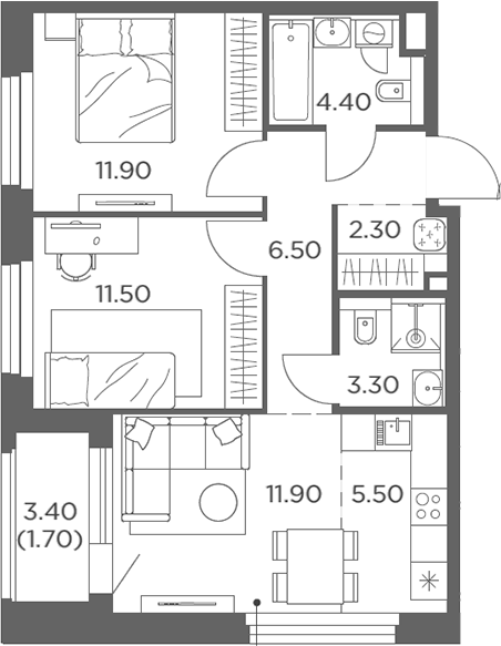 3-комн., 57.3 м², 17/17 этаж, ЖК «Белый Град»