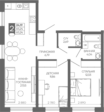 2-комн. квартира, 65.24 м² в ЖК Иначе в Молодежном — фото 2