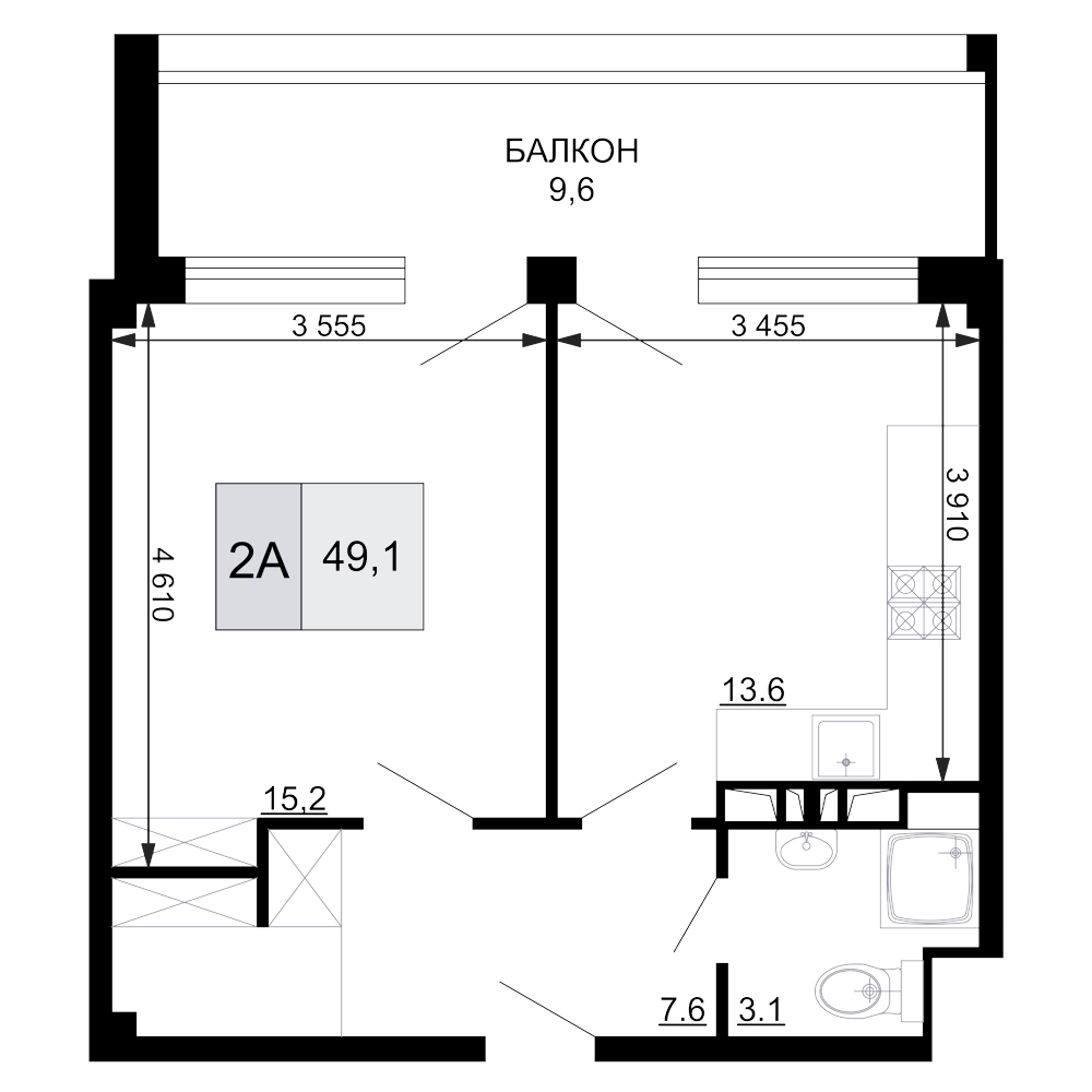 2-комн., 39.5 м², 6/9 этаж, ЖК «Гостиничный комплекс Мореград»