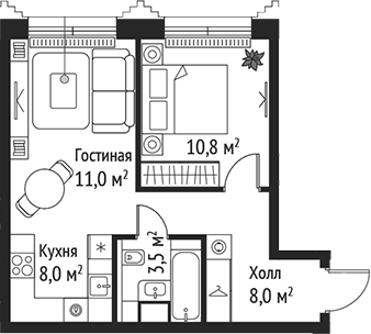 2-комн., 41.3 м², 20/59 этаж, ЖК «СЕТ»
