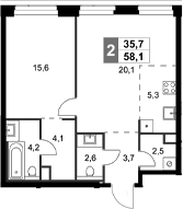 2-комн., 58.1 м², 43/47 этаж, ЖК «Амбер Сити»