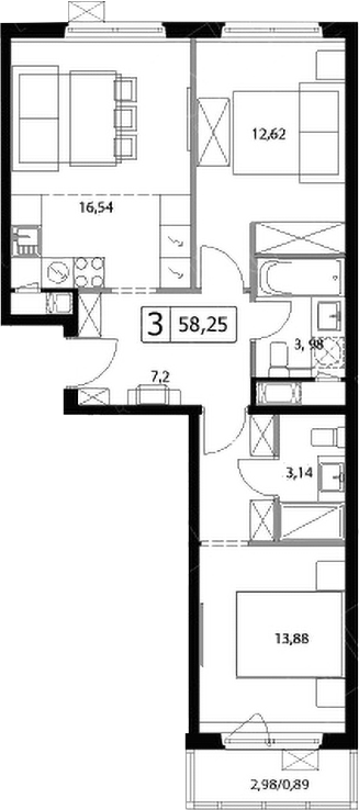 3-комн., 57.36 м², 15/17 этаж, ЖК «У реки.Эко Видное 2.0»