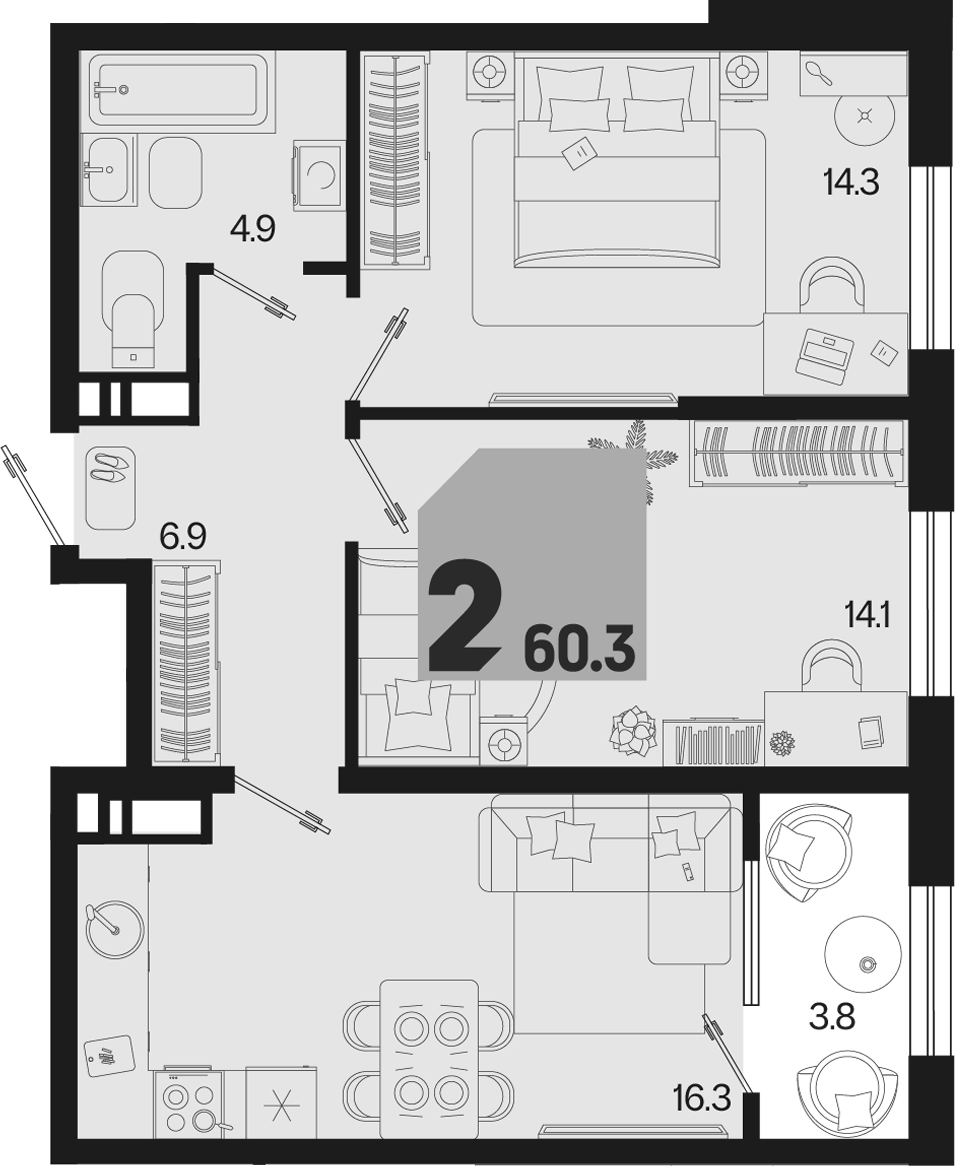 3-комн. квартира, 56.5 м² в ЖК Первое место — фото 2
