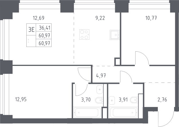 3-комн., 60.97 м², 15/40 этаж, ЖК «НОВА»