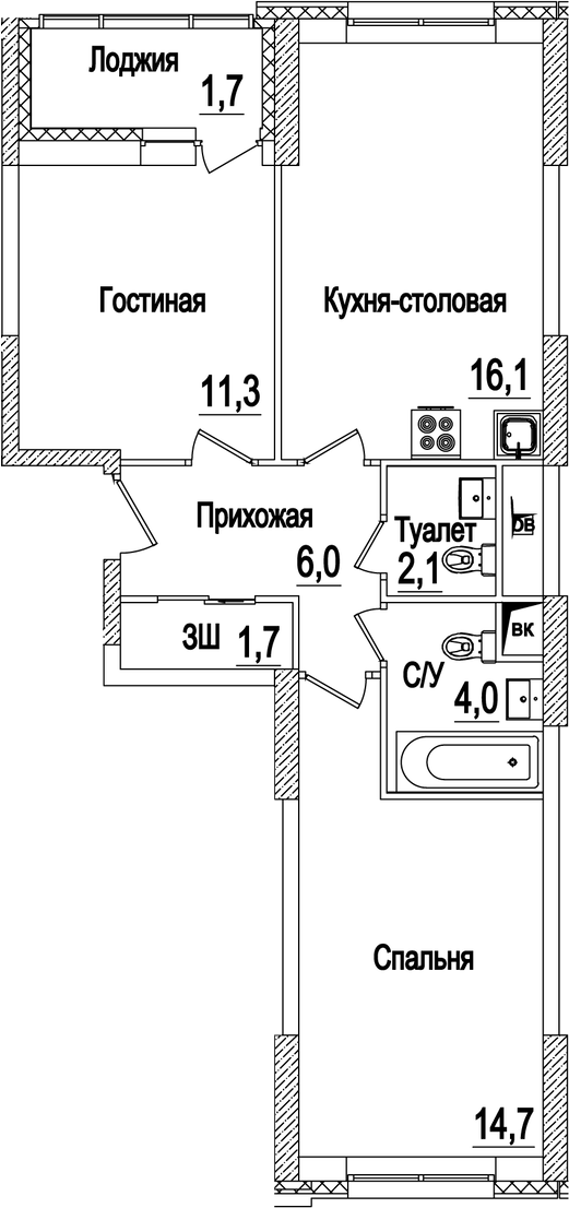 3-комн., 55.9 м², 20/22 этаж, ЖК «Рассказово»