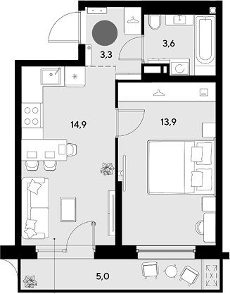 1-комн., 35.7 м², 3/18 этаж, ЖК «Грейд»