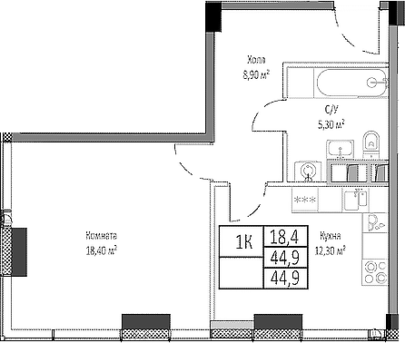 1-комн., 44.9 м², 4/35 этаж, ЖК «Мираполис»
