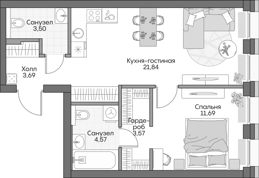 2-комн., 48.4 м², 6/16 этаж, ЖК «Инсайдер»