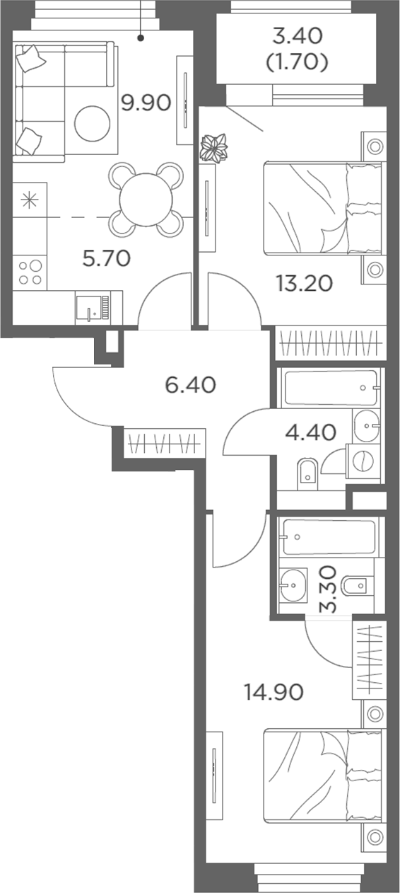 3-комн., 57.8 м², 18/23 этаж, ЖК «Белый Град»