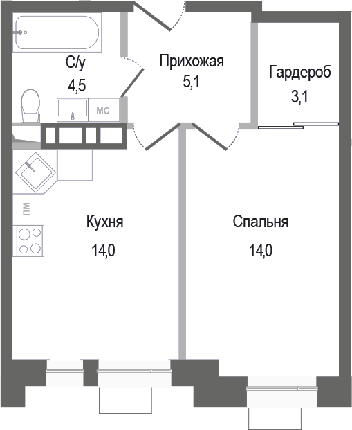 1-комн., 40.7 м², 2/8 этаж, ЖК «Киноквартал»