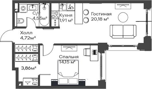 2-комн., 49.37 м², 14/15 этаж, ЖК «Сити Бэй»