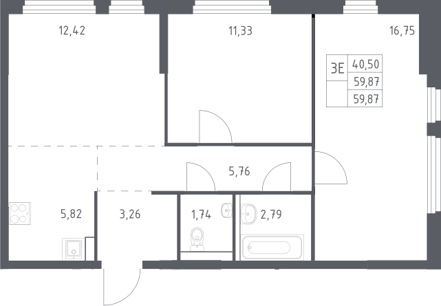 3-комн., 59.87 м², 17/17 этаж, ЖК «Пригород Лесное»
