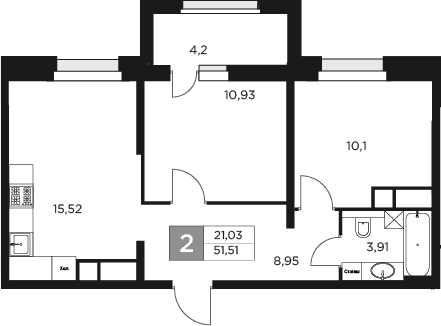 3-комн., 49.41 м², 12/17 этаж, ЖК «Восток 2»
