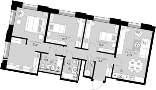 3-комн., 95.3 м², 2/6 этаж, ЖК «СберСити»