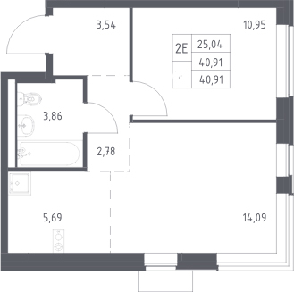 2-комн., 40.91 м², 13/13 этаж, ЖК «Новое Видное»