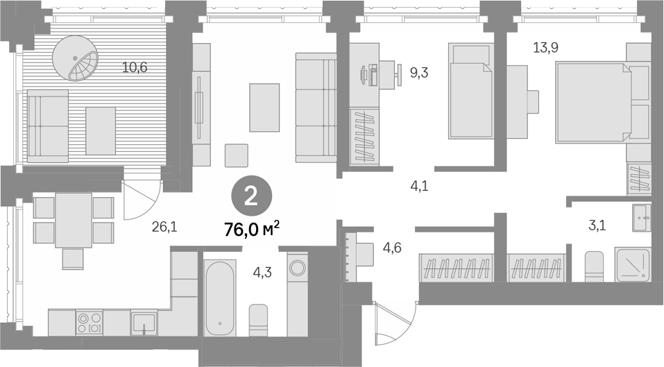 2-комн., 65.4 м², 23/24 этаж, ЖК «Квартал Издание»