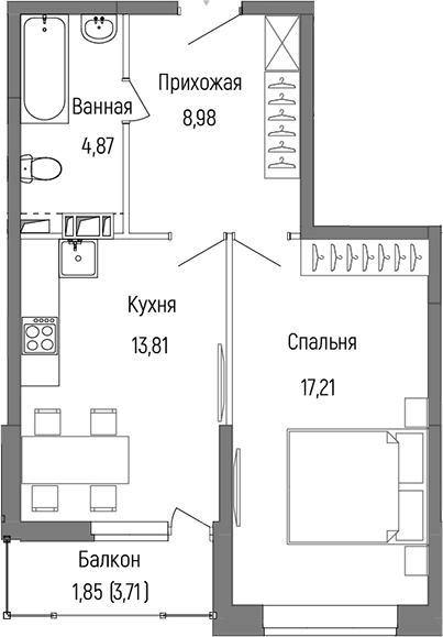 1-комн., 44.88 м², 6/9 этаж, ЖК «Рига Хиллс»