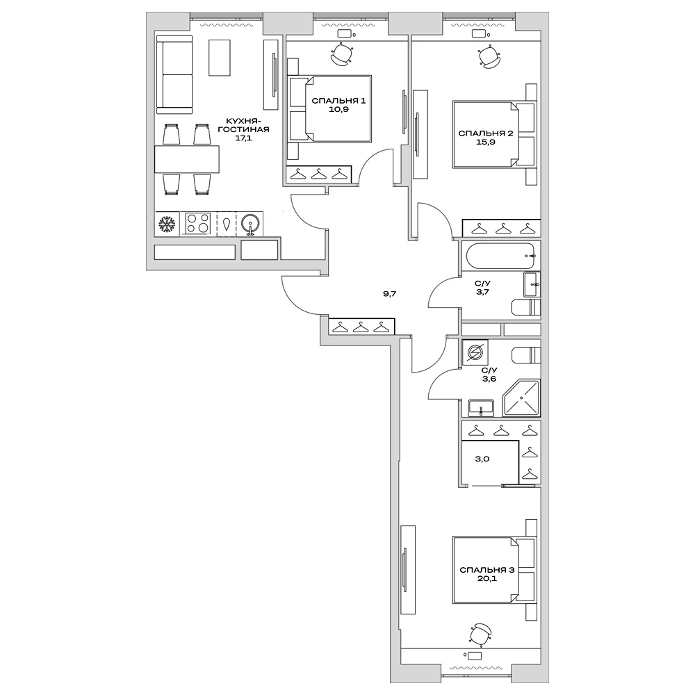 3-комн., 84 м², 10/16 этаж, ЖК «Детали»