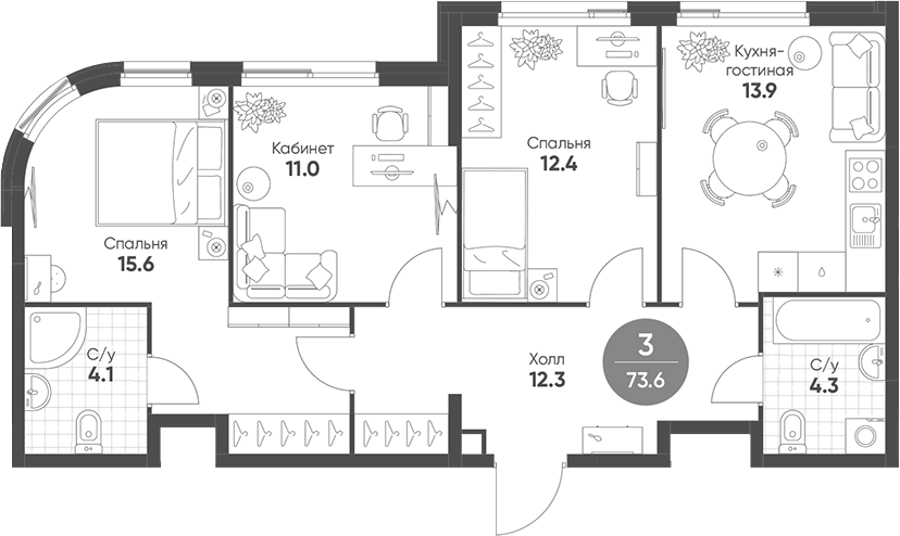 4+ комнаты, 73.6 м², 4/15 этаж, ЖК «Шагал»