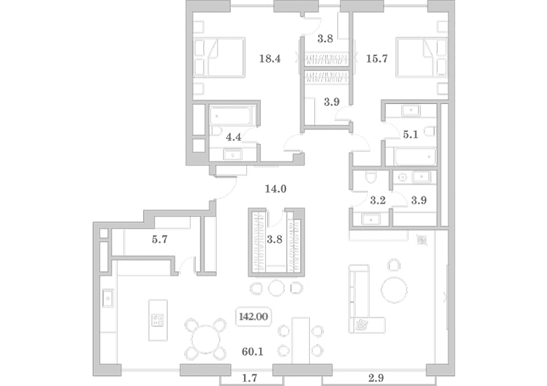 3-комн. квартира, 142 м² в ЖК Граф Толстой — фото 2