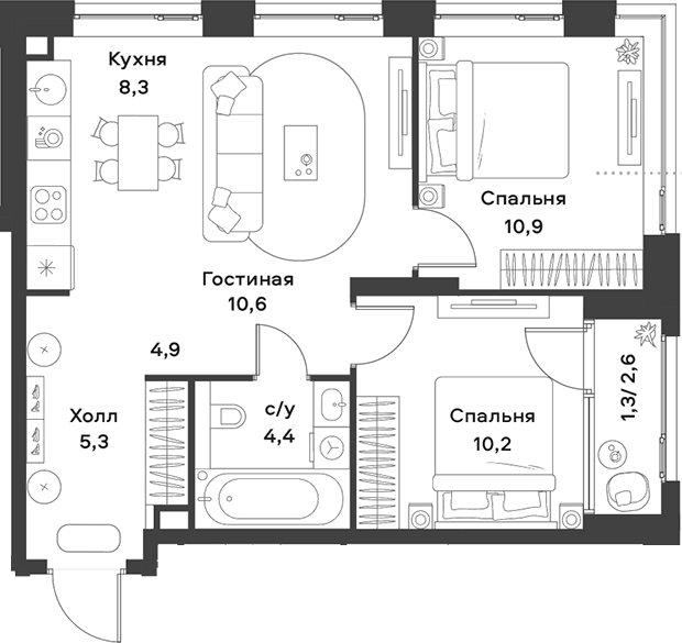 3-комн., 54.6 м², 16/28 этаж, ЖК «АЛИА»