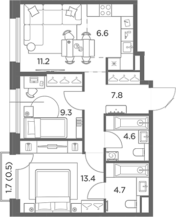 3-комн., 57.6 м², 4/6 этаж, ЖК «Станиславский»