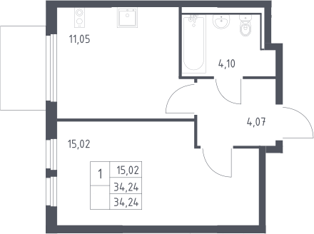 1-комн., 34.24 м², 17/17 этаж, ЖК «Пригород Лесное»