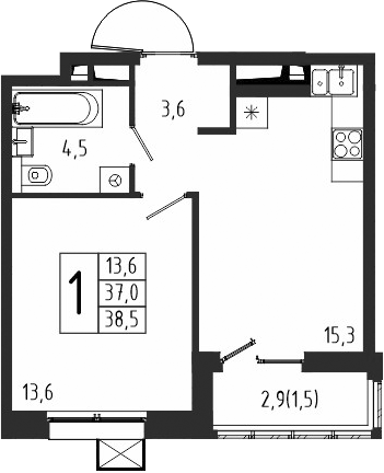 1-комн., 37 м², 6/10 этаж, ЖК «Берег»