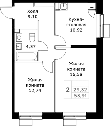 2-комн., 53.91 м², 18/25 этаж, ЖК «КИТ»