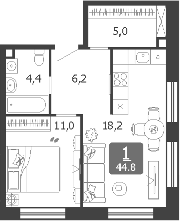 2-комн., 44.8 м², 9/19 этаж, ЖК «Шагал»