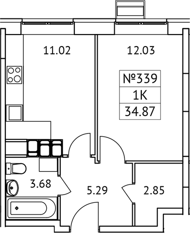 1-комн., 34.87 м², 11/17 этаж, ЖК «Новотомилино»