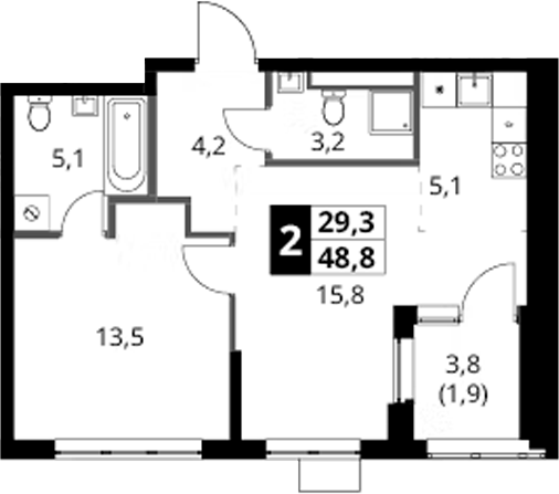 2-комн., 46.9 м², 7/18 этаж, ЖК «1-й Ясеневский»