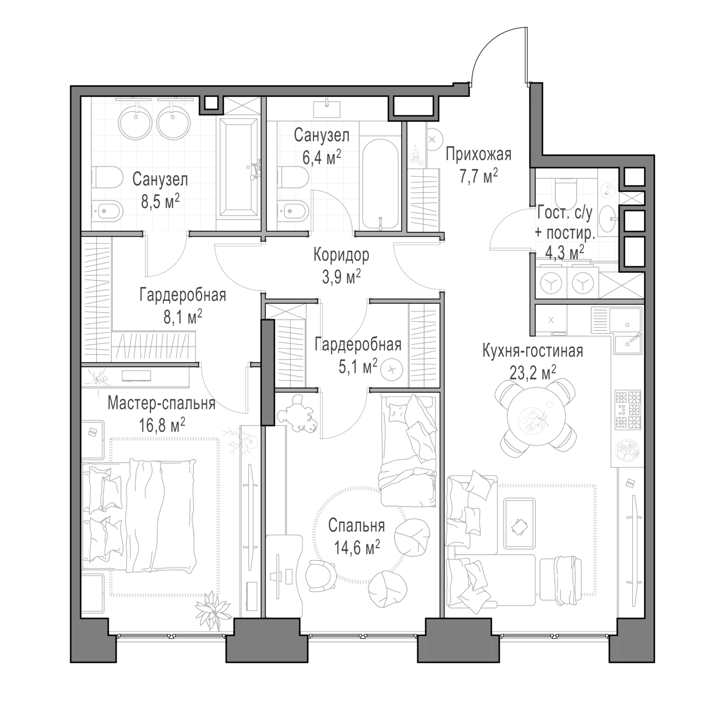 3-комн., 99.5 м², 3/23 этаж, ЖК «Квартал Life Time»