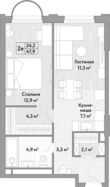 2-комн., 47.9 м², 4/17 этаж, ЖК «Новые Смыслы»
