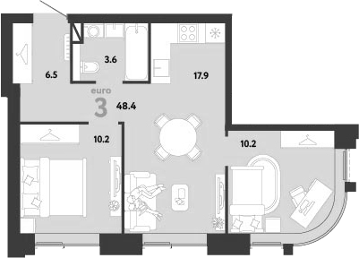 3-комн., 48.4 м², 4/33 этаж, ЖК «Страна.Заречная»