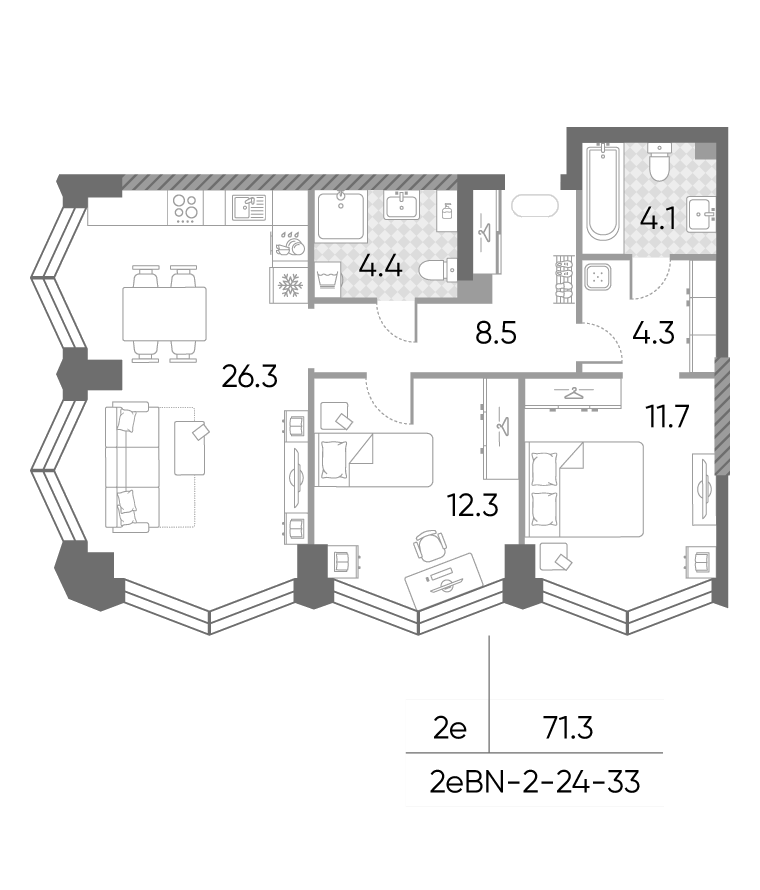 3-комн., 71.3 м², 32/43 этаж, ЖК «ЗилАрт»