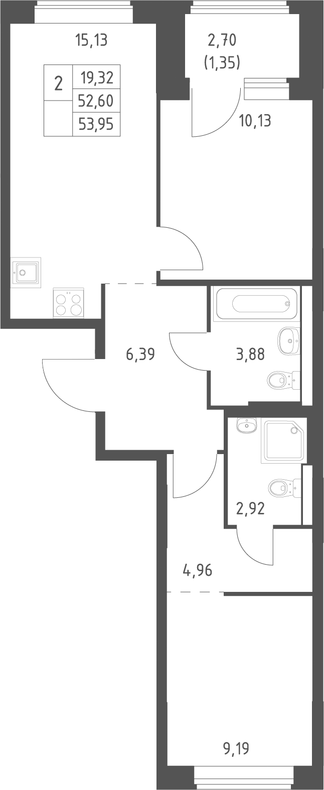 3-комн., 52.6 м², 6/12 этаж, ЖК «Большое Юрлово»