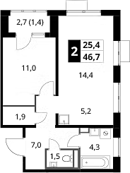 2-комн., 45.3 м², 23/24 этаж, ЖК «1-й Донской»