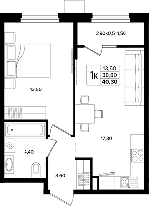 1-комн., 38.8 м², 2/15 этаж, ЖК «Лермонтов Парк»