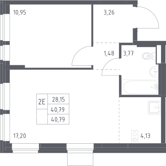 2-комн., 40.79 м², 6/13 этаж, ЖК «Квартал Авиаторов»