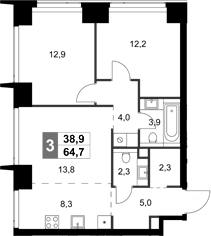 3-комн., 64.7 м², 2/58 этаж, ЖК «Амбер Сити»