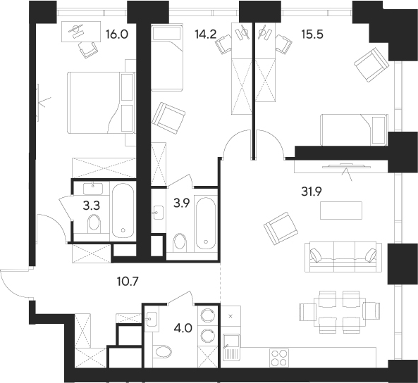 3-комн., 99.5 м², 24/55 этаж, ЖК «Инди Тауэрз от Аквилон»
