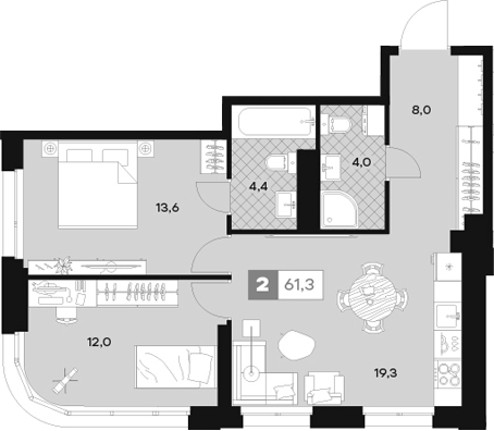 2-комн., 62.5 м², 4/30 этаж, ЖК «ЮТУ»